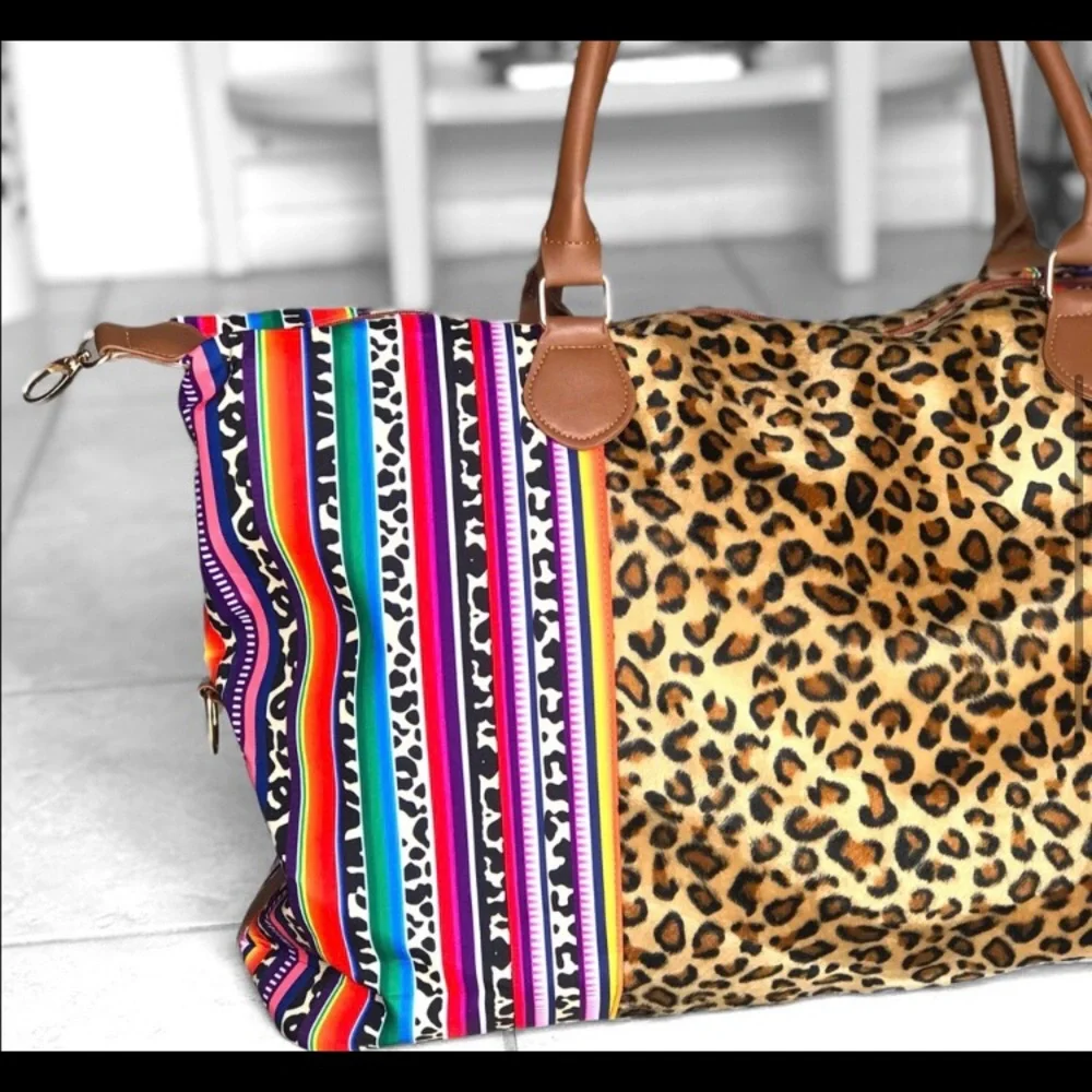 LAST ONE: Trendy cow leopard print colorful stripe overnight XL duffel bag - Picture 5 of 7